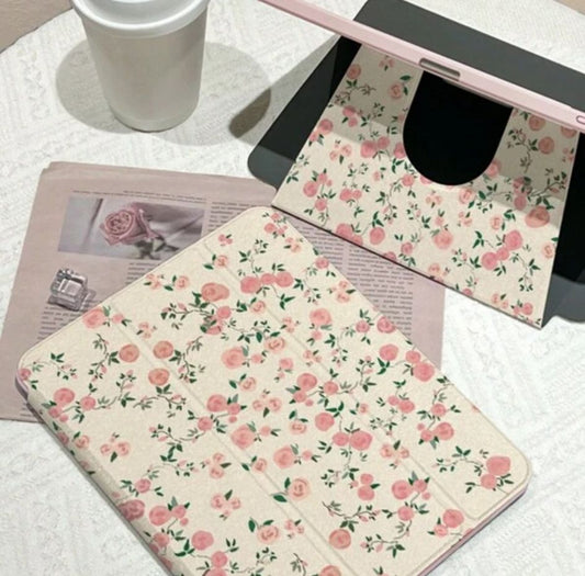 Pink Floral Pattern iPad Case with Pen Slot