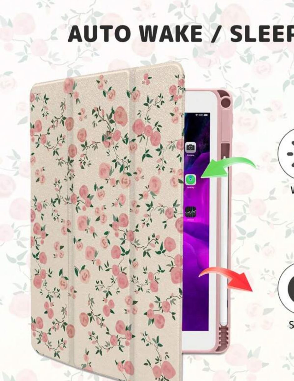 Pink Floral Pattern iPad Case with Pen Slot