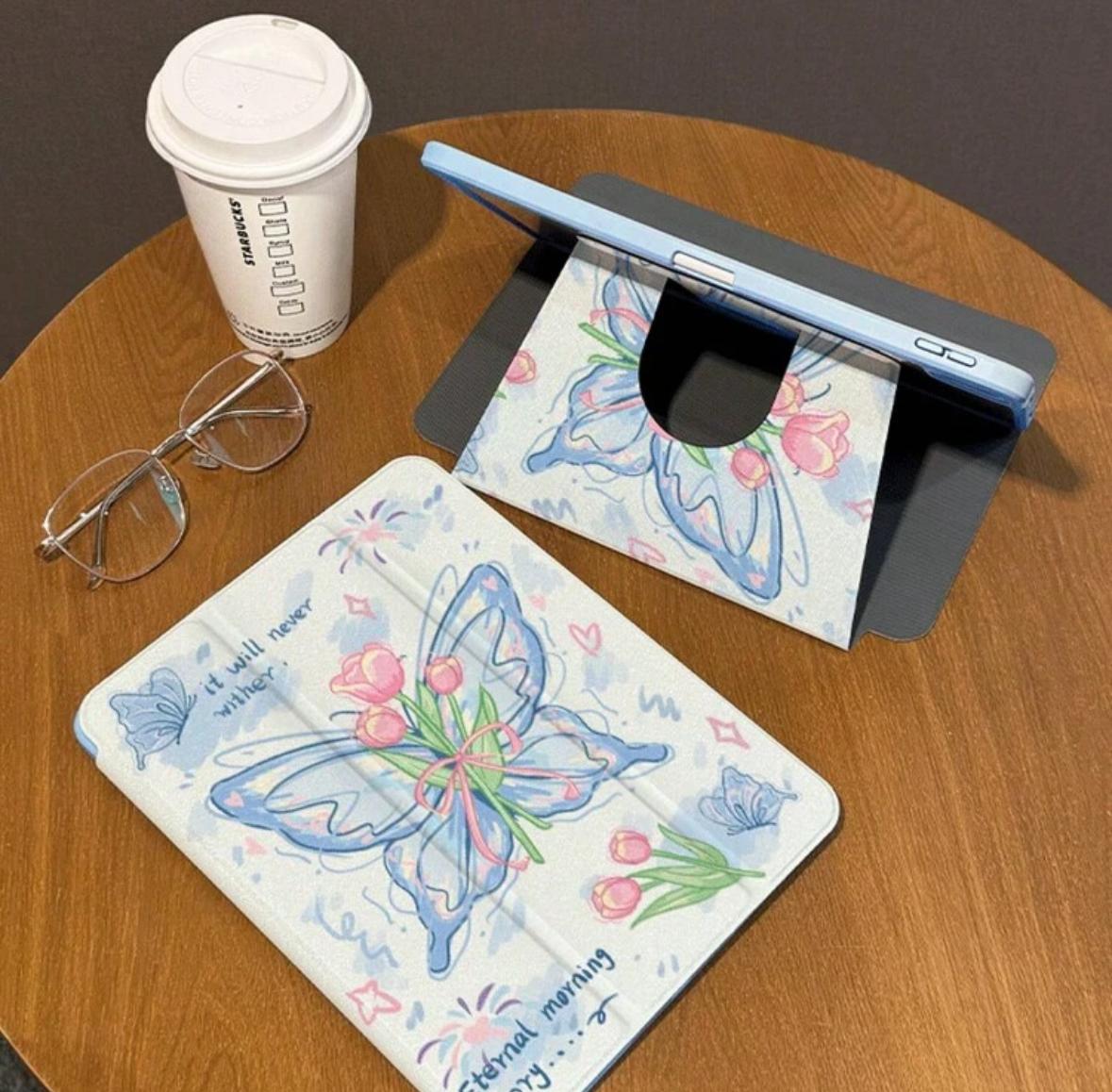 Blue Flutter iPad Case with Pen Slot