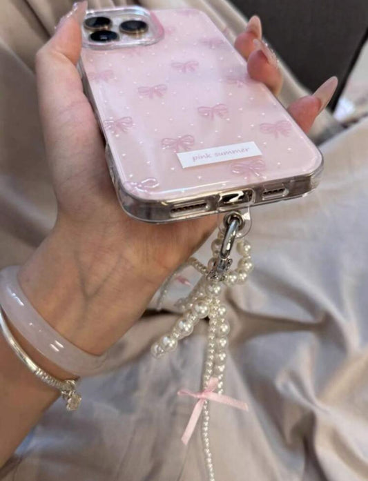 Pink Bow Pearl Pendant Case with Lanyard