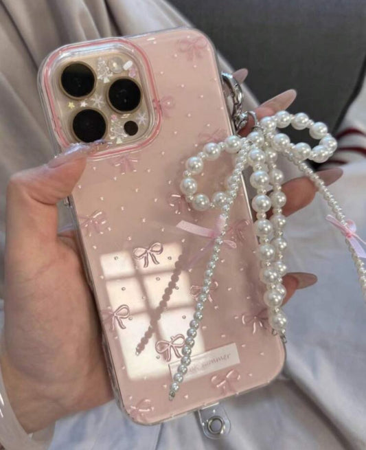 Pink Bow Pearl Pendant Case with Lanyard